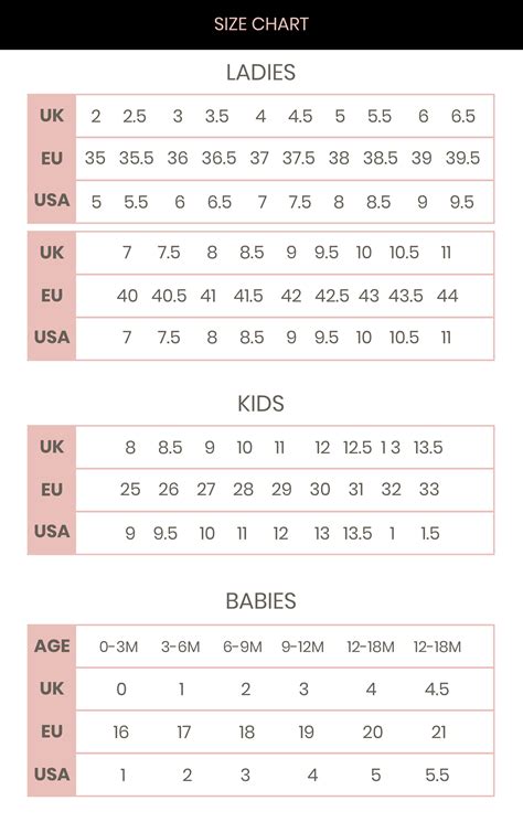 designer shoe size chart.